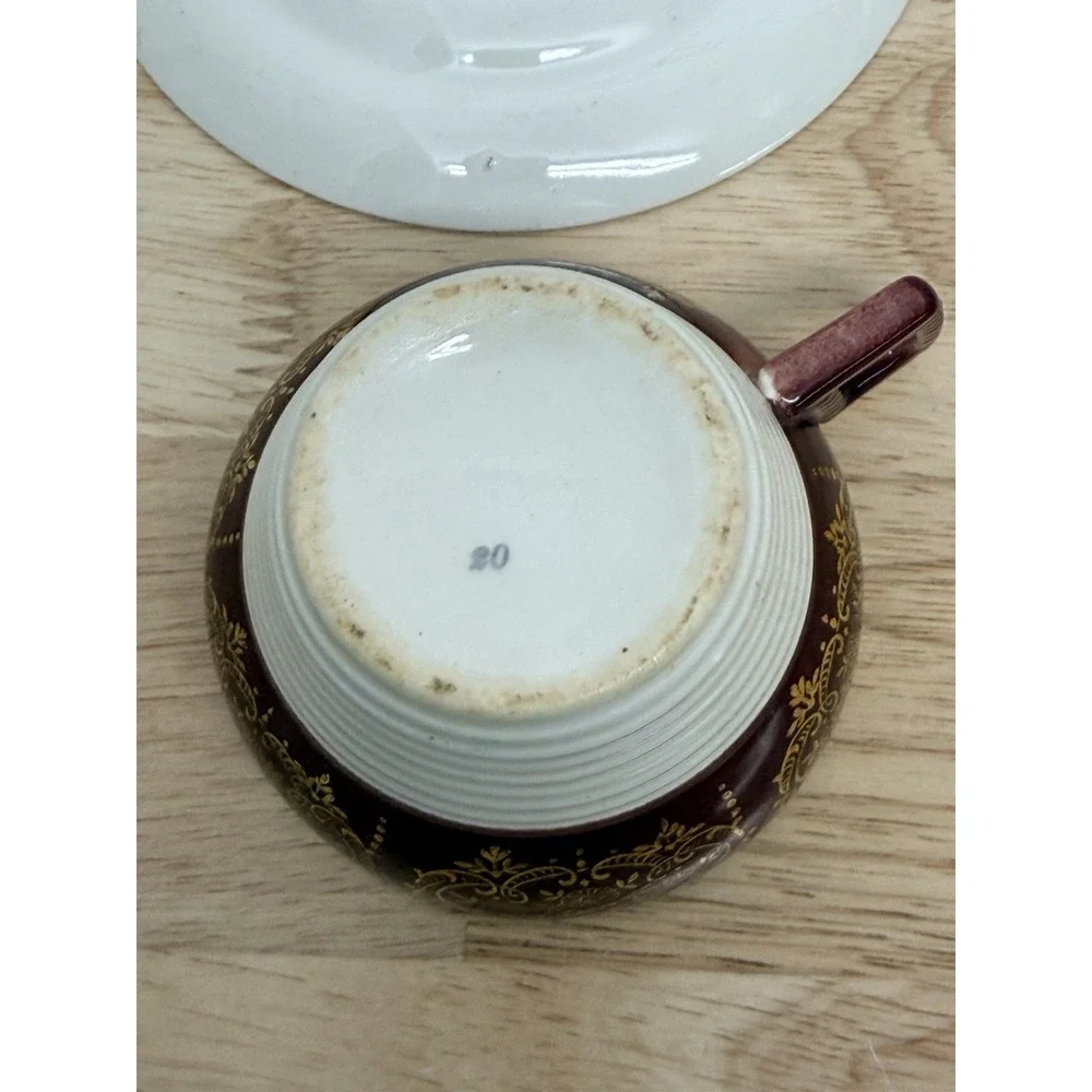 Vintage Sebring Pottery Serenade Cup‎ and Saucer Burgundy USA 22k Gold Set #68